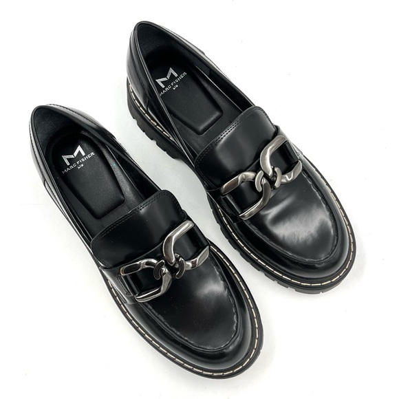 Marc Fischer Trisca Black Leather Lug Sole Chain Platform Loafers Size 9.5 - Picture 2 of 11